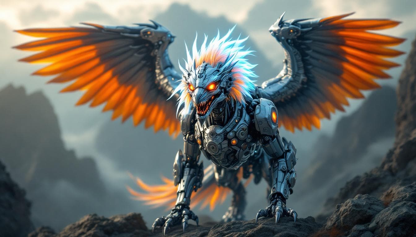 AI generated: Image is a digital artwork featuring a mechanical Gryphon with intricate details. The Gryphon has a ...