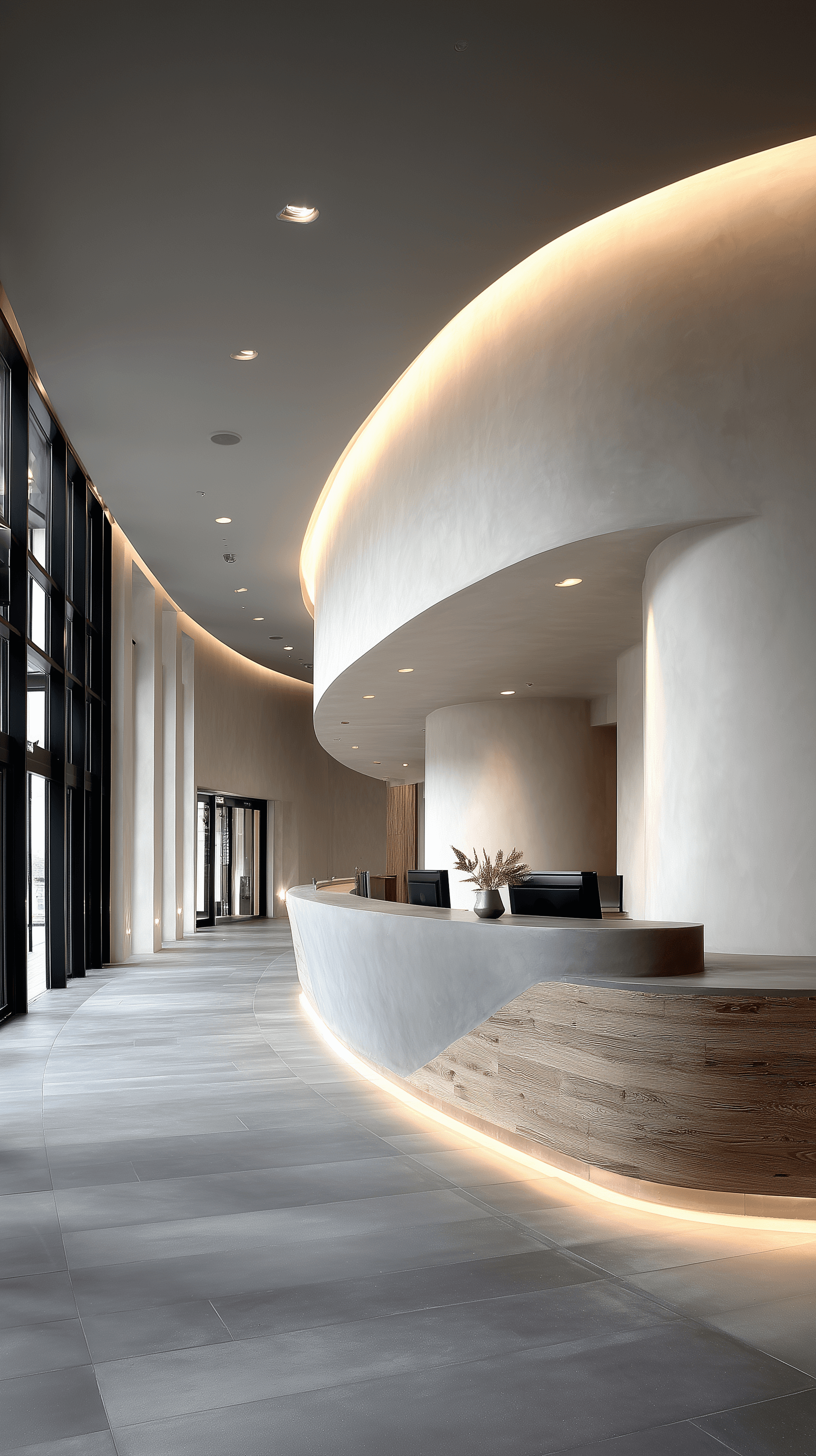 AI generated: contemporary, wide-angle, office reception, rounded seamless counter finished in soft microcement, w...