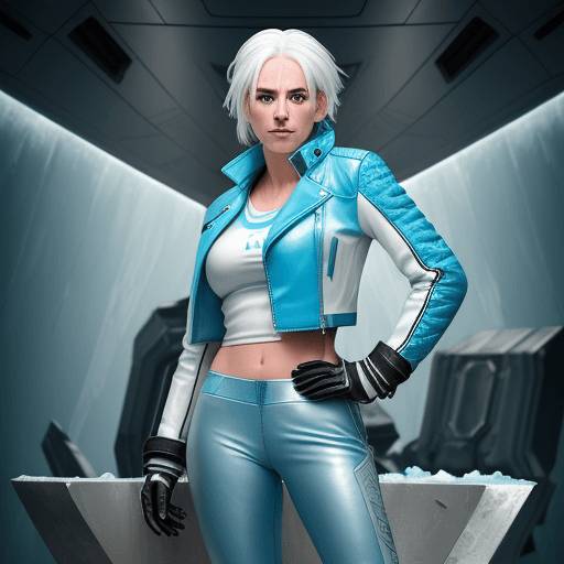 AI generated: High resolution photography of sporty female woman with white hair, icy eyes wearing ice blue leathe...