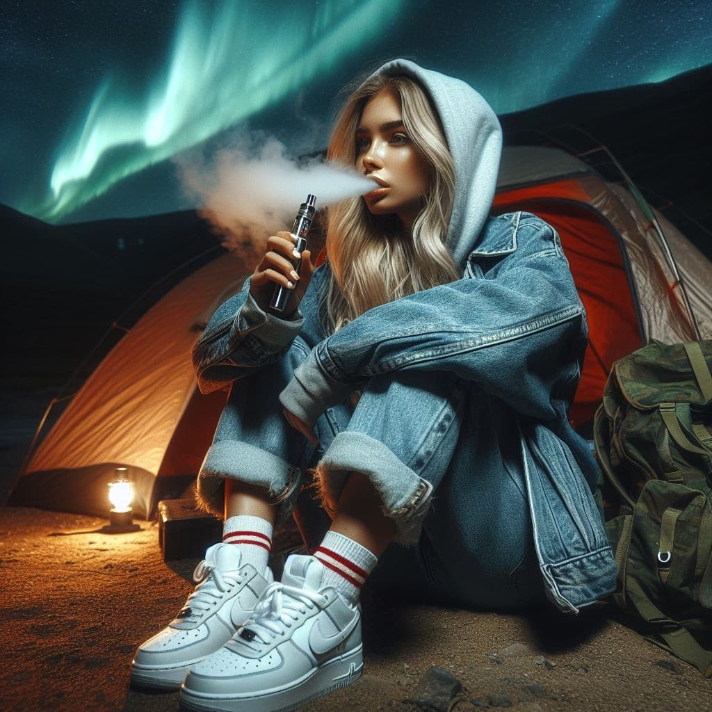 AI generated: 25-year-old European girl, with blonde hair, hoodie, jeans and Nike Air Force on her feet, vaping wi...