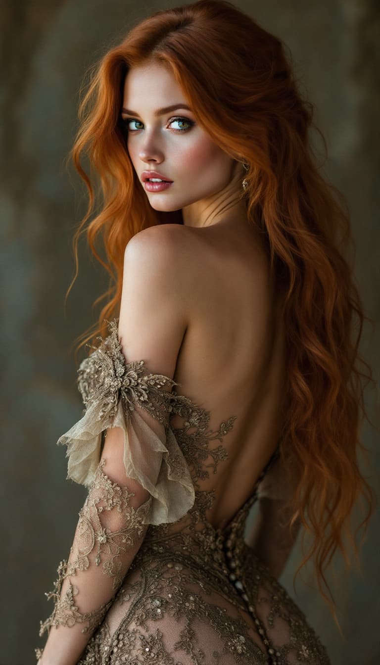 AI generated: Full-body photograph of a captivating model, long auburn hair, hazel eyes, wearing an ornate dress w...