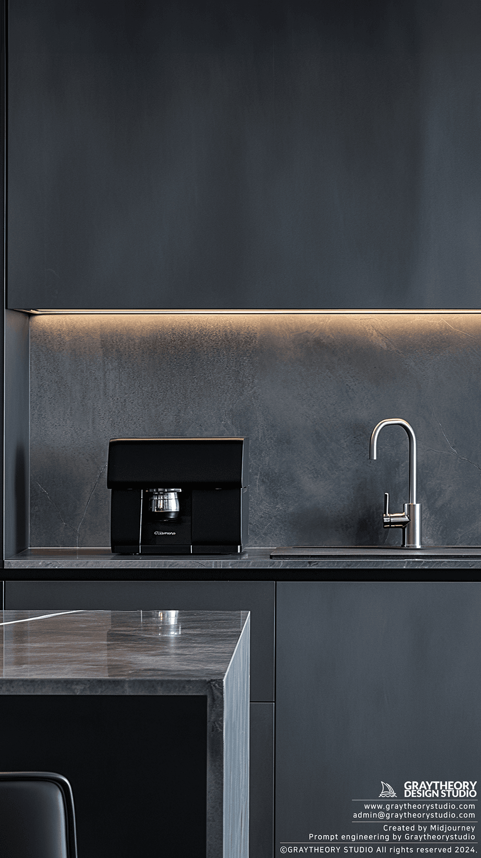 AI generated: modern kitchen, in the pre-dawn light, sleek matte black finishes, with a Pantone deep Ocean, Steel ...