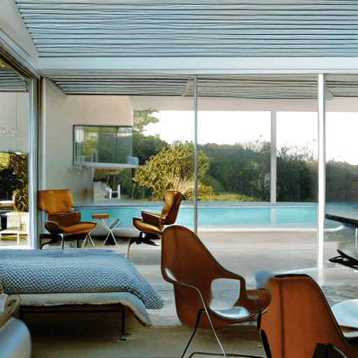AI generated: hyper realistic eye level exterior photo of a mid century modern style house overlooking the ocean, ...