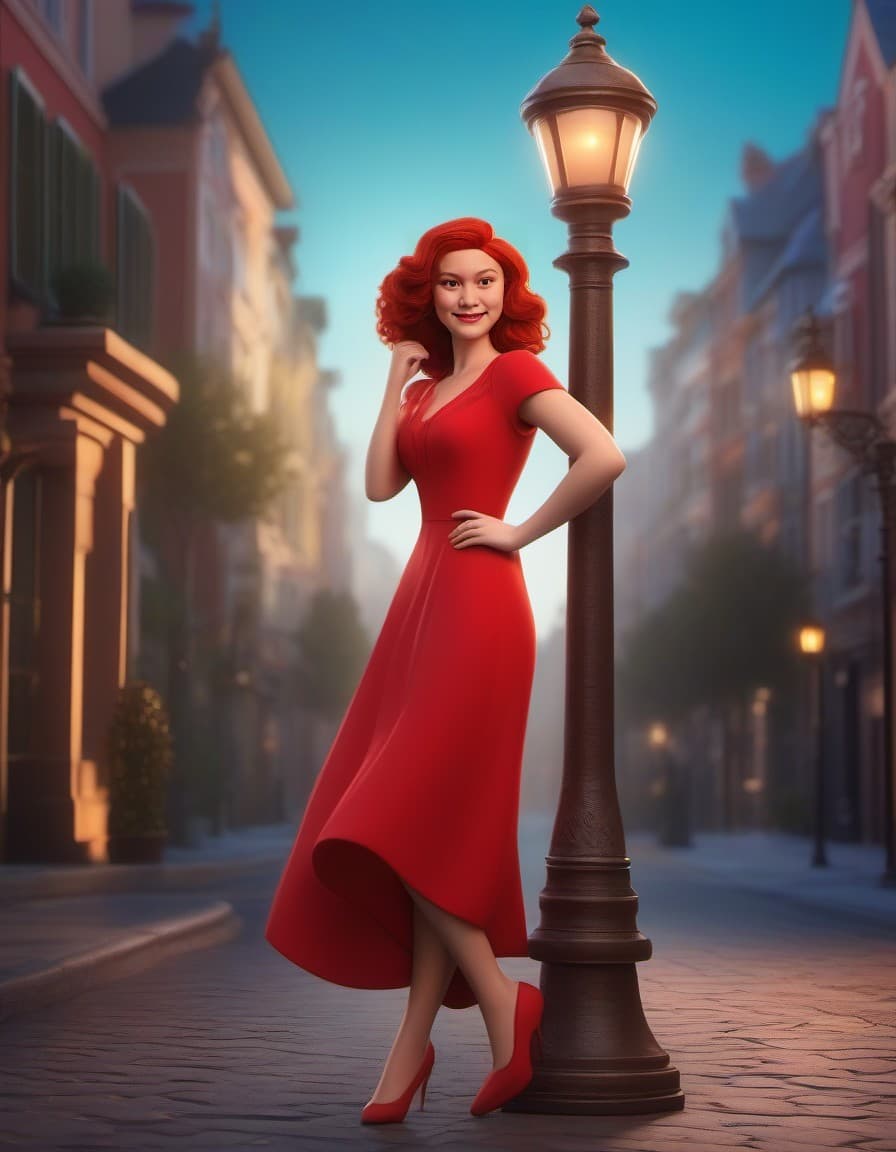 AI generated: A whimsical 3D render of a cartoonish woman with wavy, fiery red hair, playfully leaning against a v...