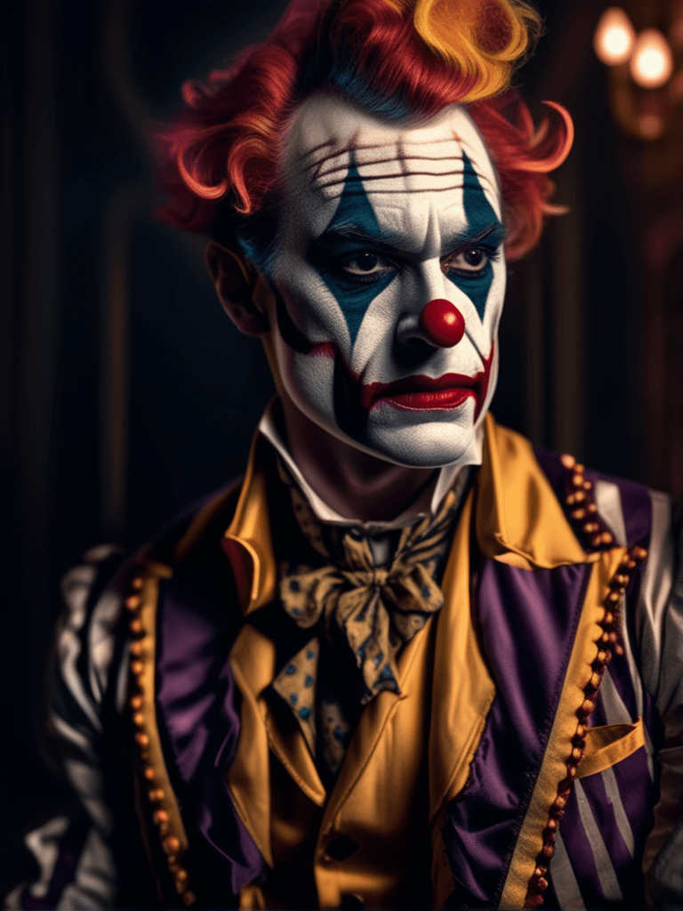 AI generated: Fashion photography of a joker, 1800s renaissance, clown makeup, editorial, insanely detailed and in...