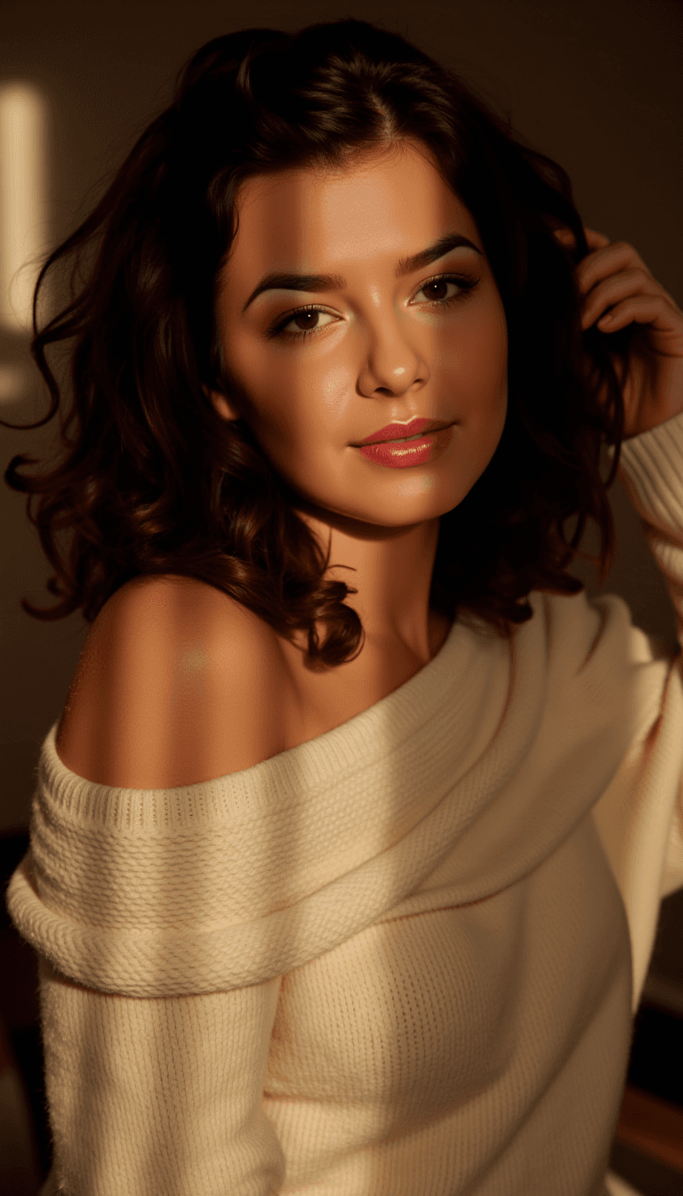 AI generated: Full body shot of a 21 year old woman with wavy dark brown hair, hazel eyes, wearing an off-shoulder...