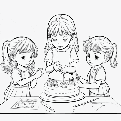AI generated: children making a cake drawed light coloring page, page of coloring book, simple clean line art, whi...