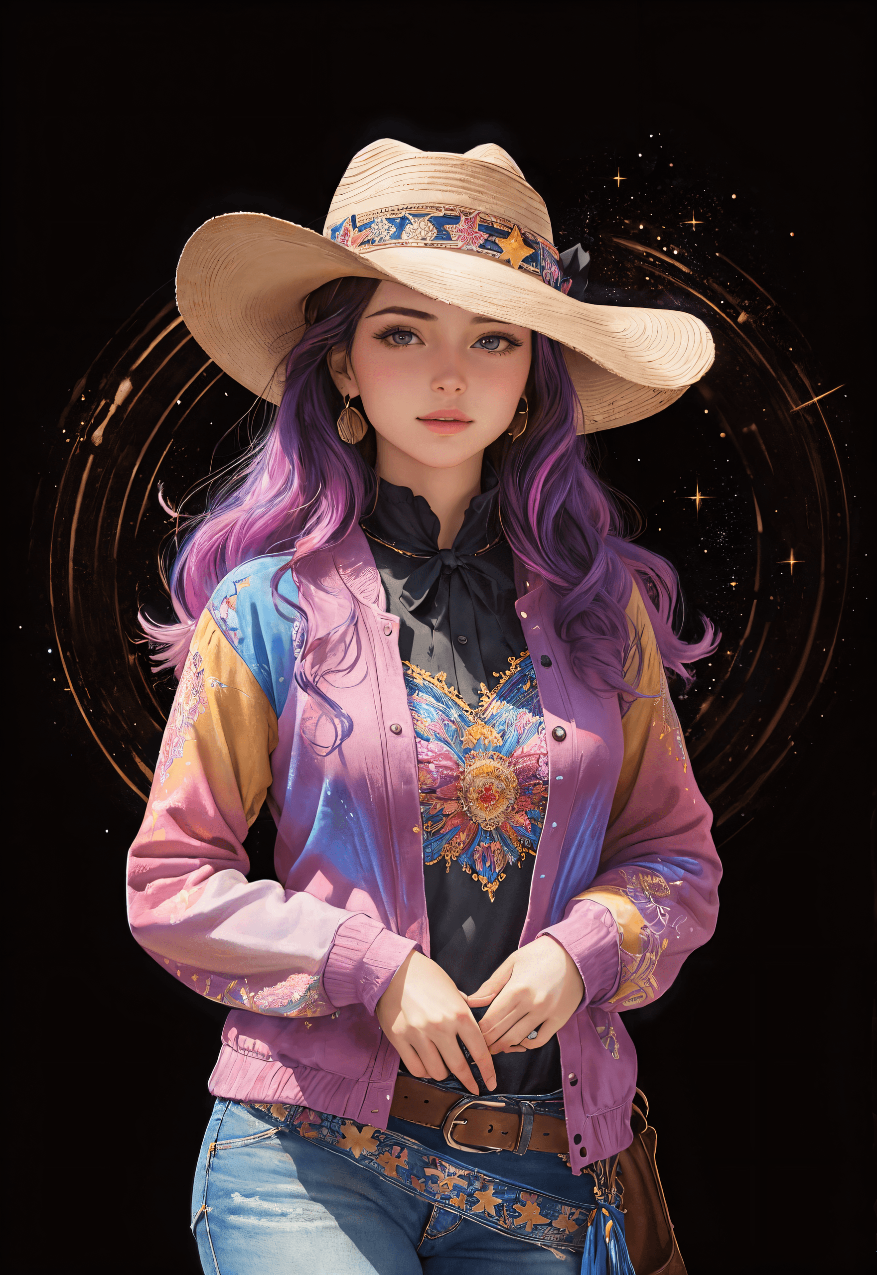 AI generated: (masterpiece award winning illustration:1.2) , style of Lisa Frank , American cowgirl, beautiful, 1g...