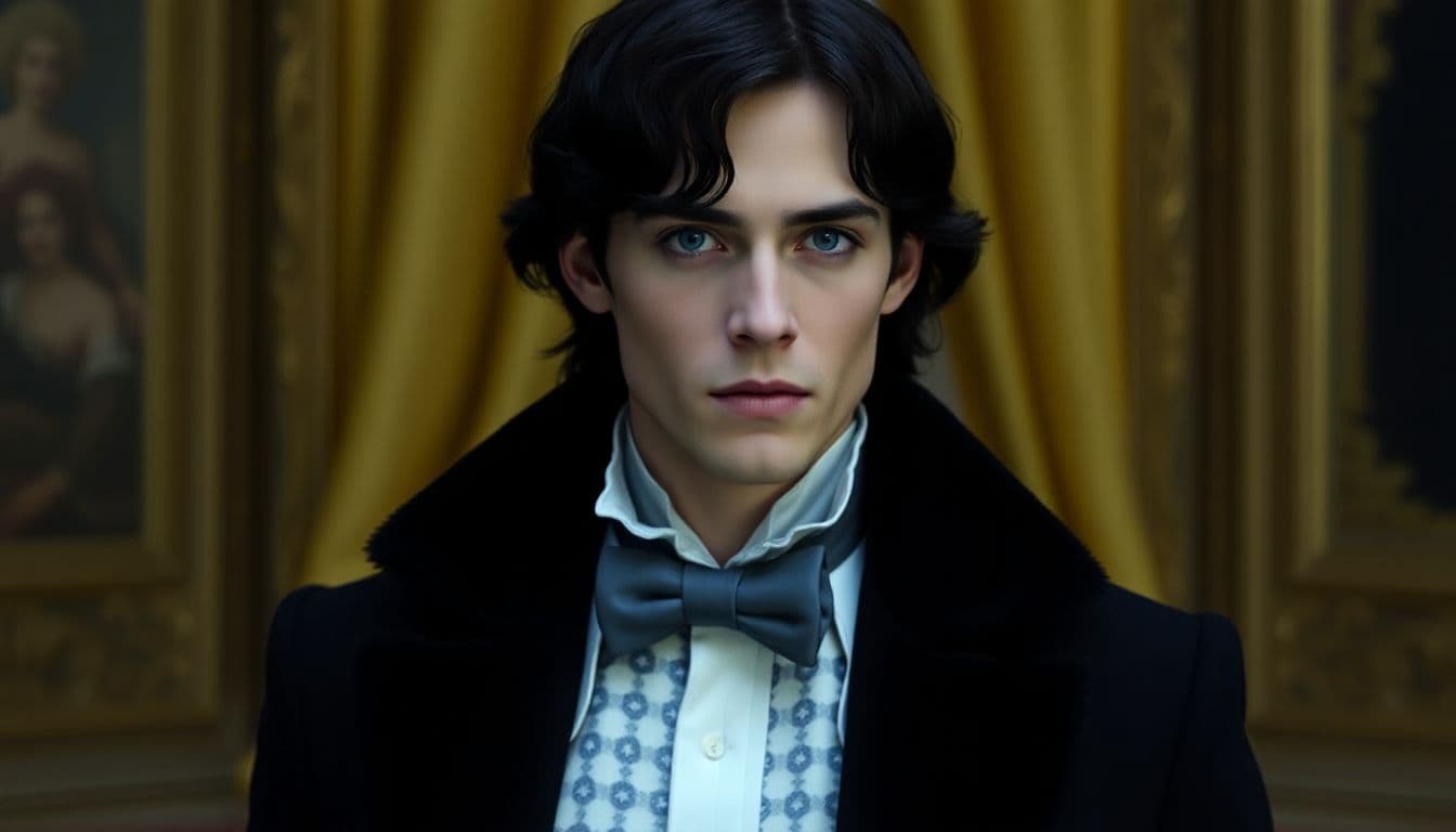 AI generated: Jean-Claude has black hair and deep blue eyes so dark they resemble black at times. He has two sets ...