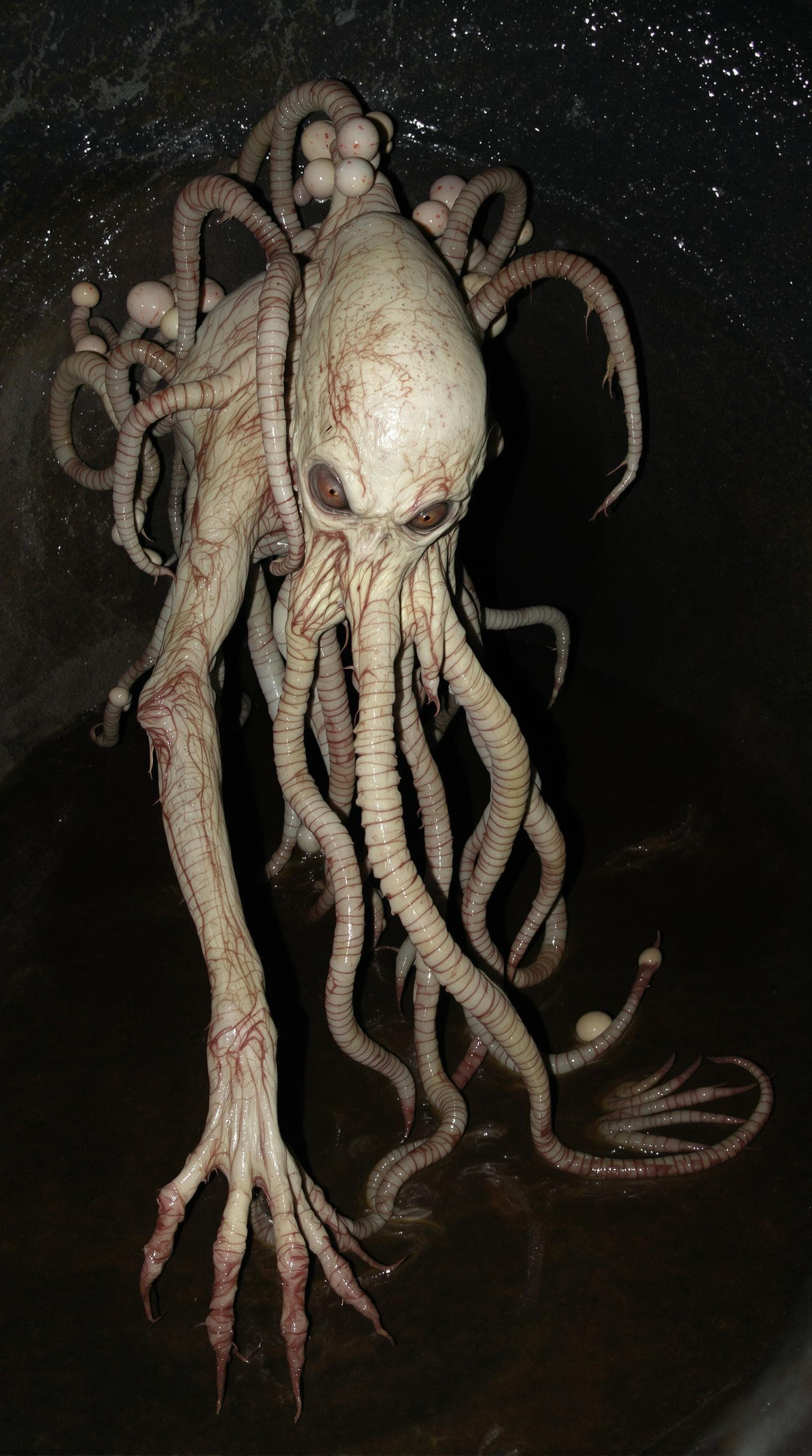 AI generated: A grotesque, surreal creature emerging from a dark, damp sewer, combining human and monstrous featur...