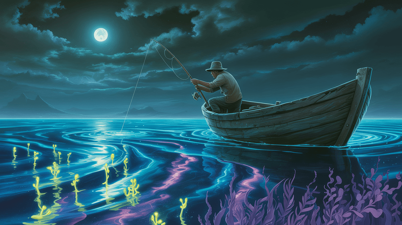 AI generated: A solitary fisherman, aboard a weathered wooden boat, casts his line into a phosphorescent ocean of ...