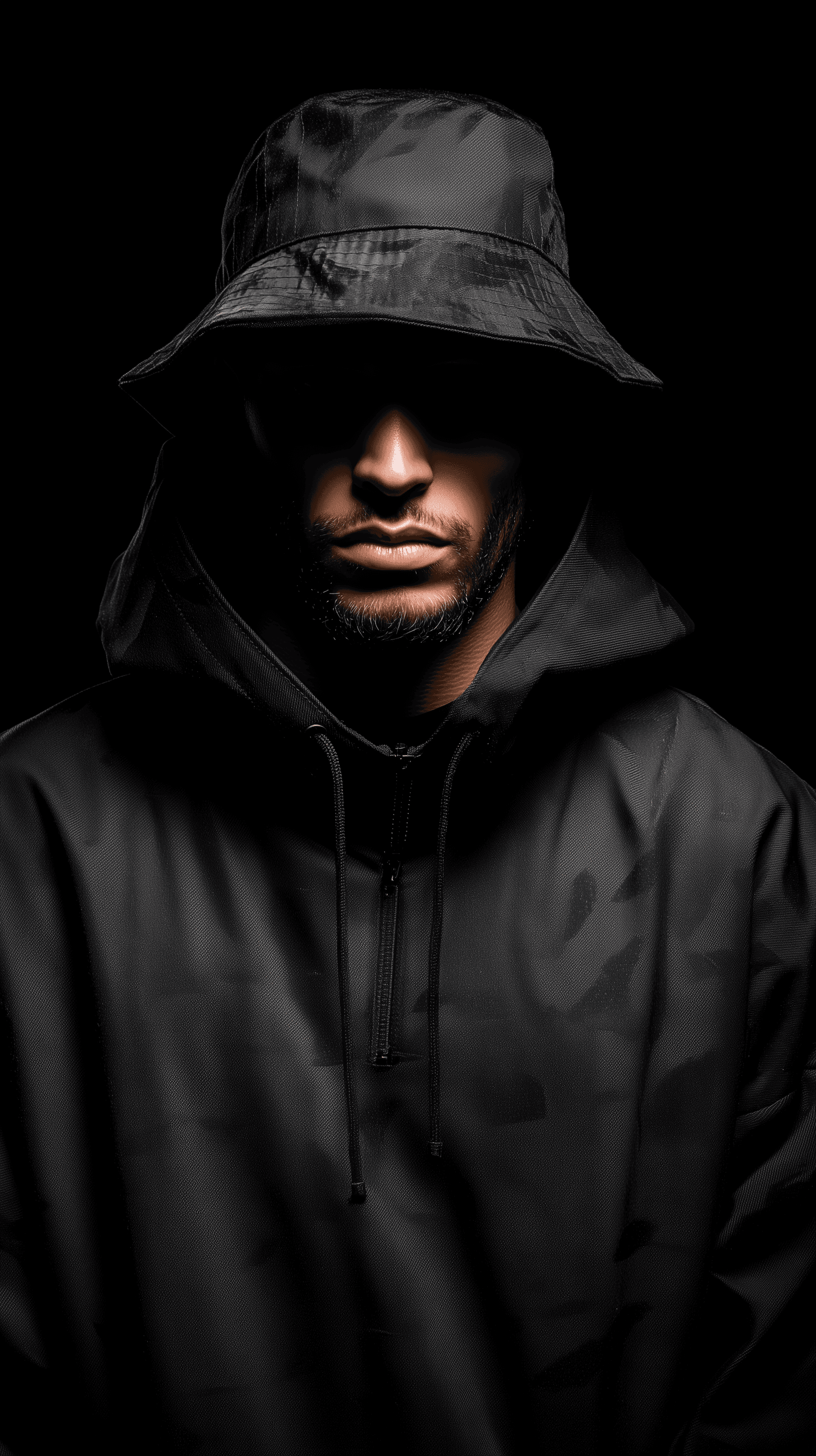 AI generated: photography, front shot, upper body, male model, wearing a bucket hat, black hoody, matte black colo...