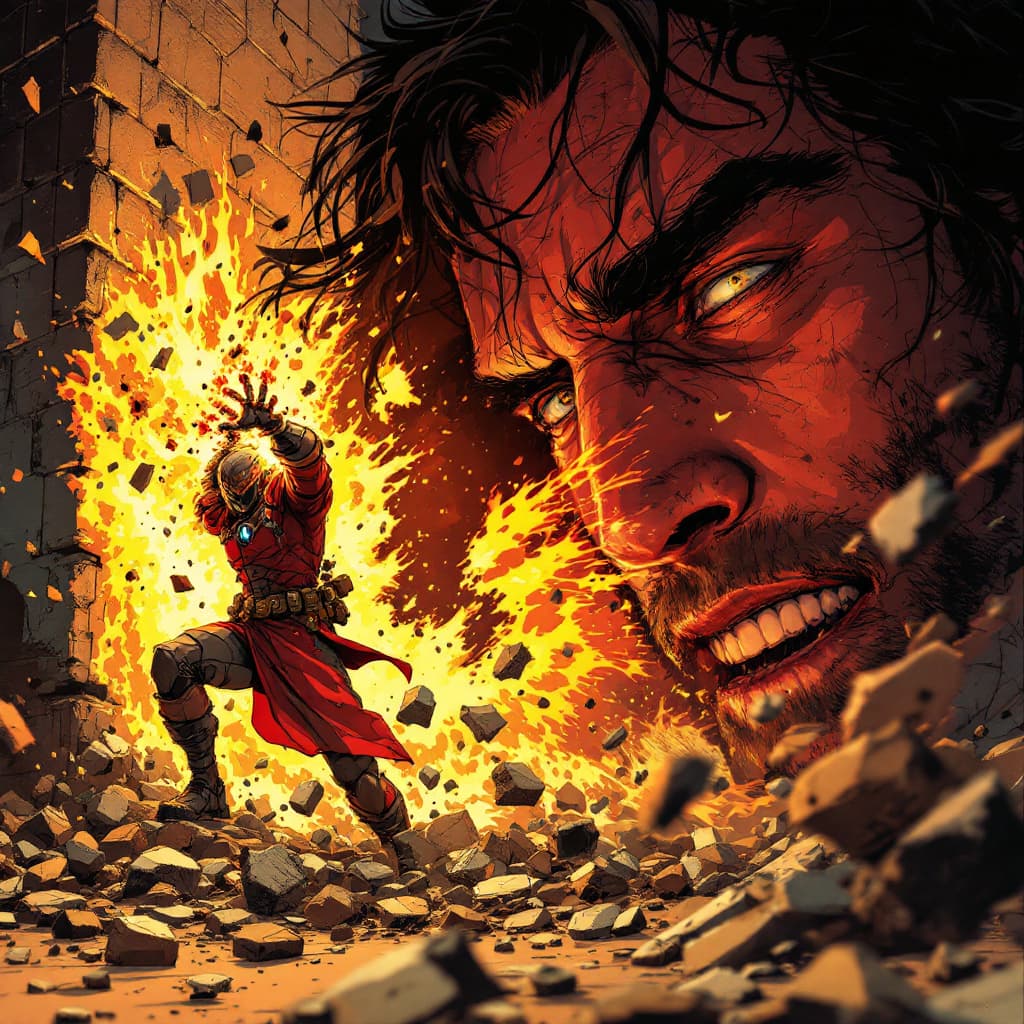 AI generated: Hero is hit by an enemy attack, building is dented and crushed by Hero, close-up of Hero 