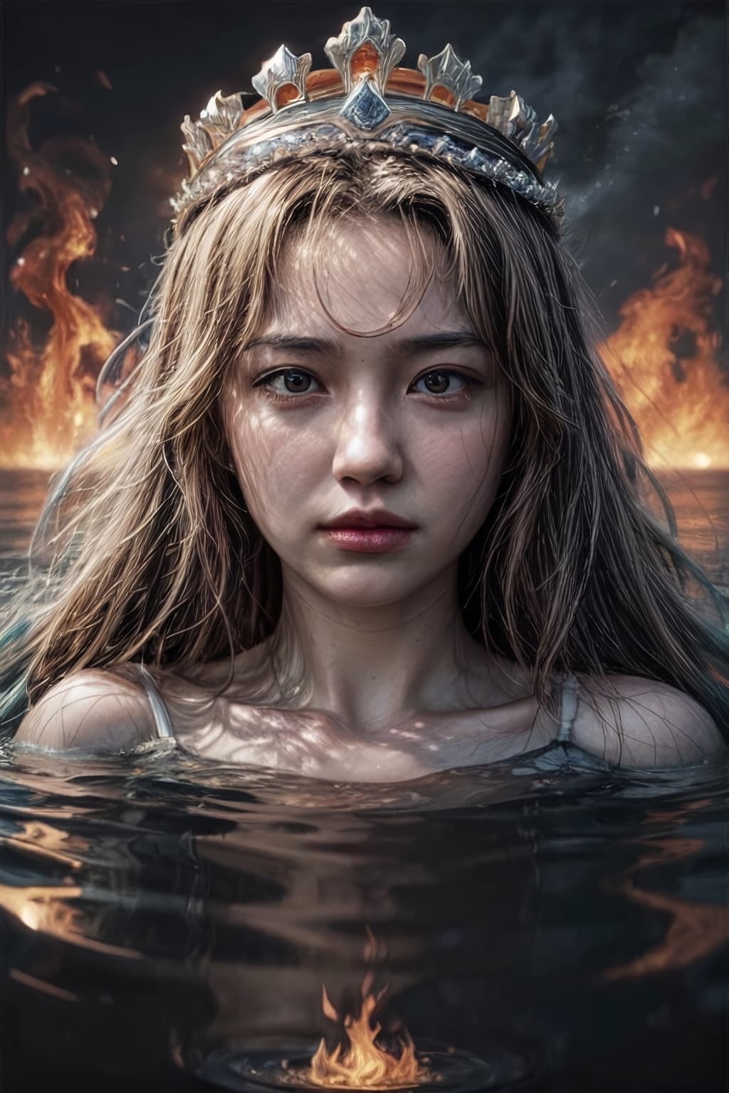 AI generated: queen of water character, crown made of flames, photorealistic, epic, dramatic lighting