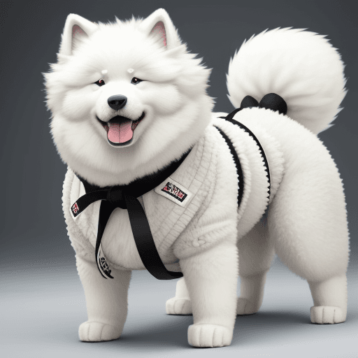 AI generated: angry fluffy samoyed dog standing on his back legs wearing a white judogi and a black belt