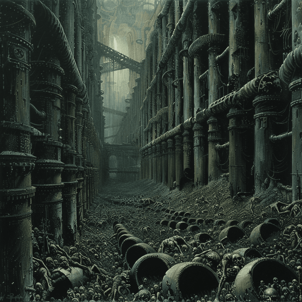 AI generated: detailed illustration of an underground factory with hundreds and thousands of humans working on pil...