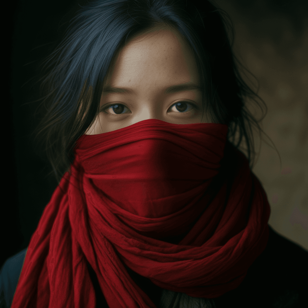 AI generated: photograph of Woman, 3/4 shot, red scarf on face, character portrait, epic photo, Fujifilm XT3, Cano...