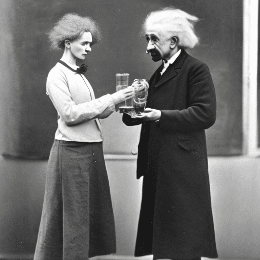 AI generated: Albert Einstein with Marie Curie doing experiments