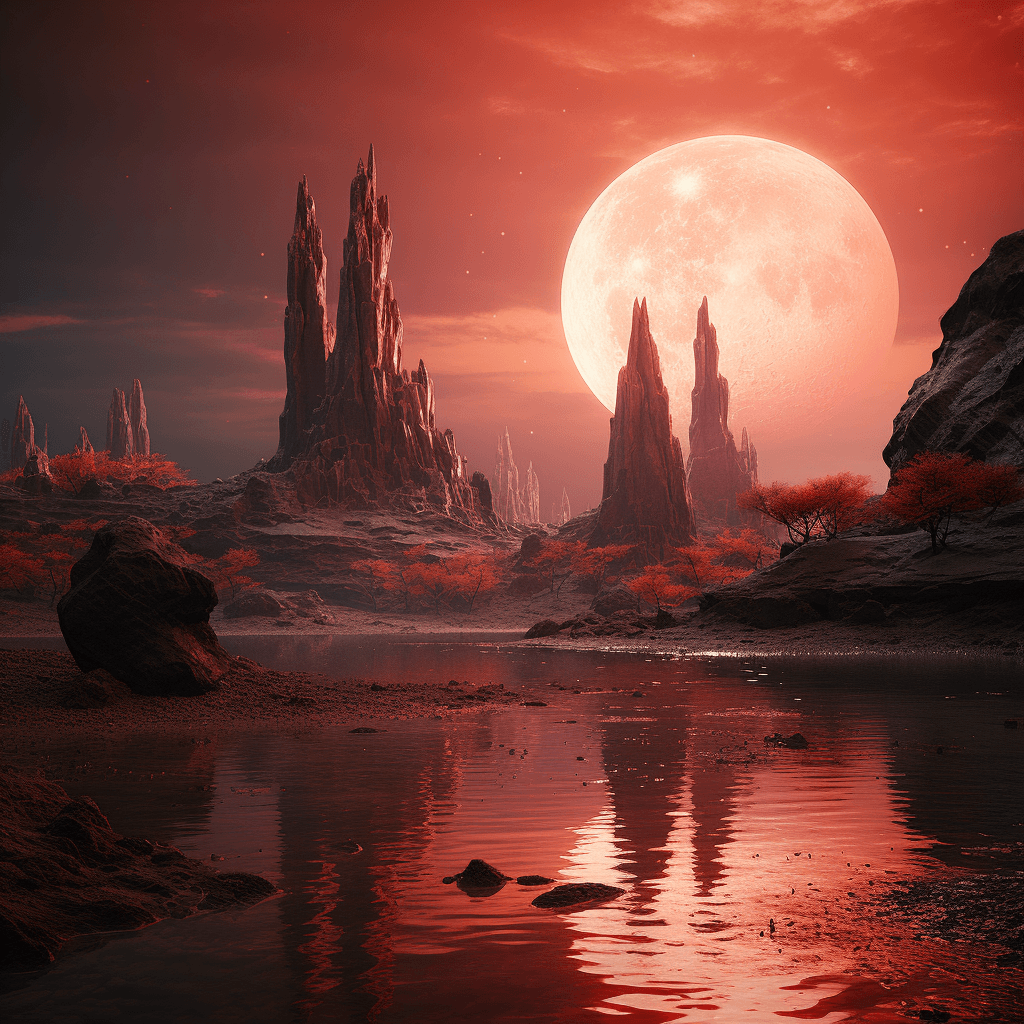 AI generated: a lake with dark red waters on the surface of Mars with two moons in the sky and with an stone tower...