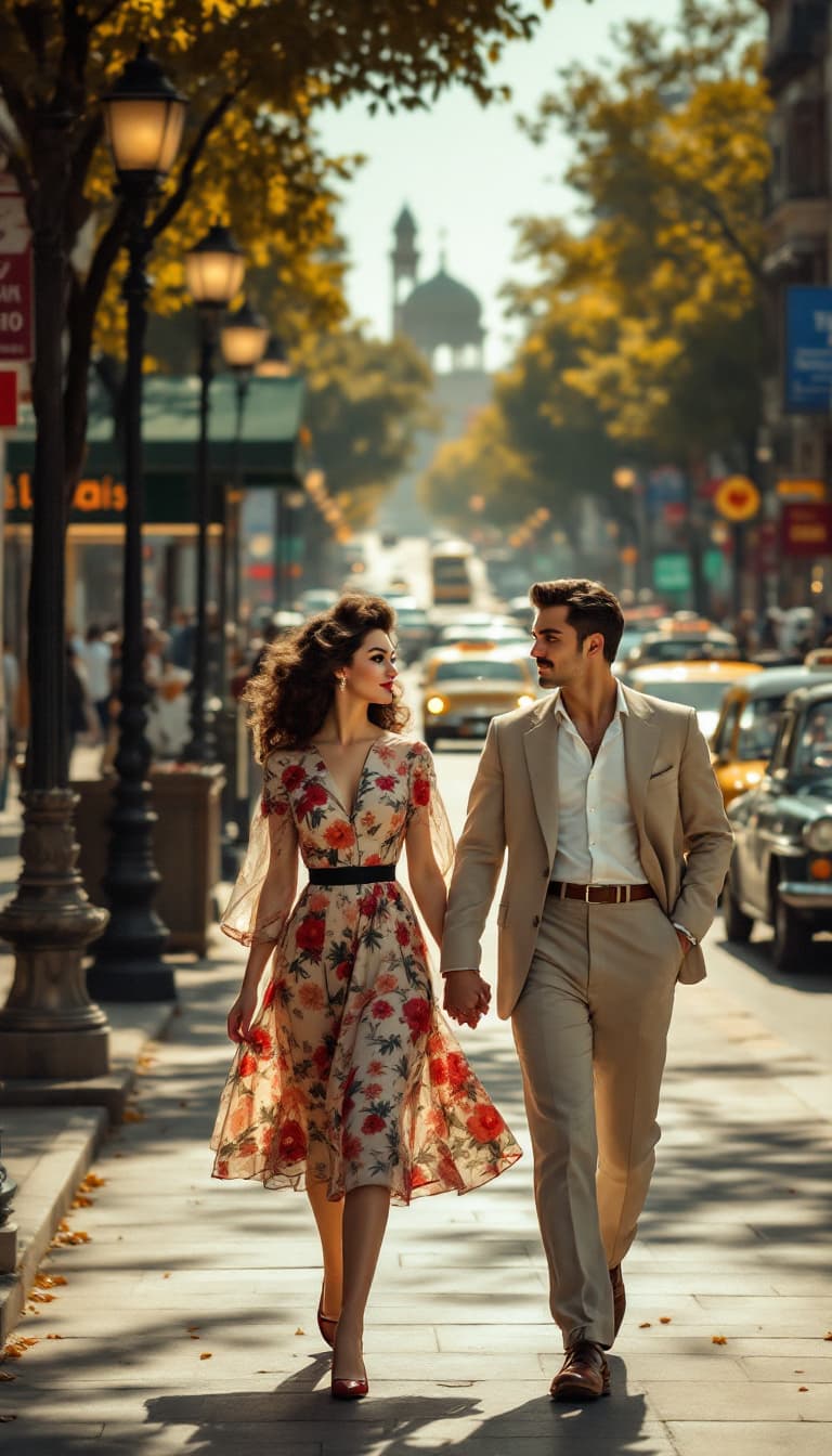 AI generated: A young couple from the 1950s walking along the vibrant and busy streets of Vali Asr Street (formerl...