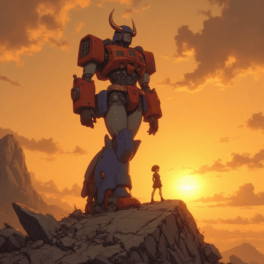 AI generated: 
Cinematic wide shot, anime‑cel style, 1972 brush lines, gritty cel‑dust, warm sunset palette, slig...