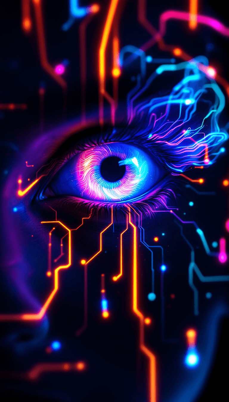 AI generated: A surreal depiction of a singular eye, the iris replaced by an abstract design of neon-colored swirl...