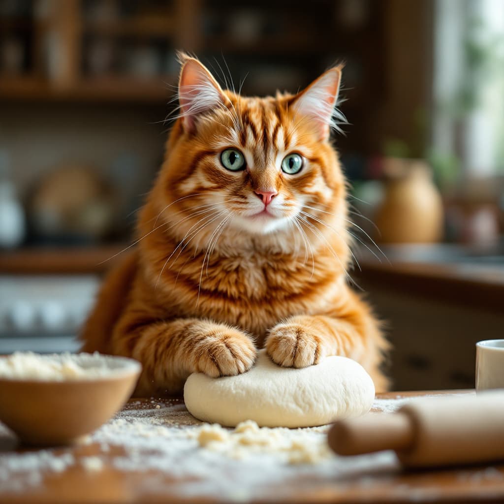 AI generated: A ginger cat sitting at kitchen table, kneading dough with its paws