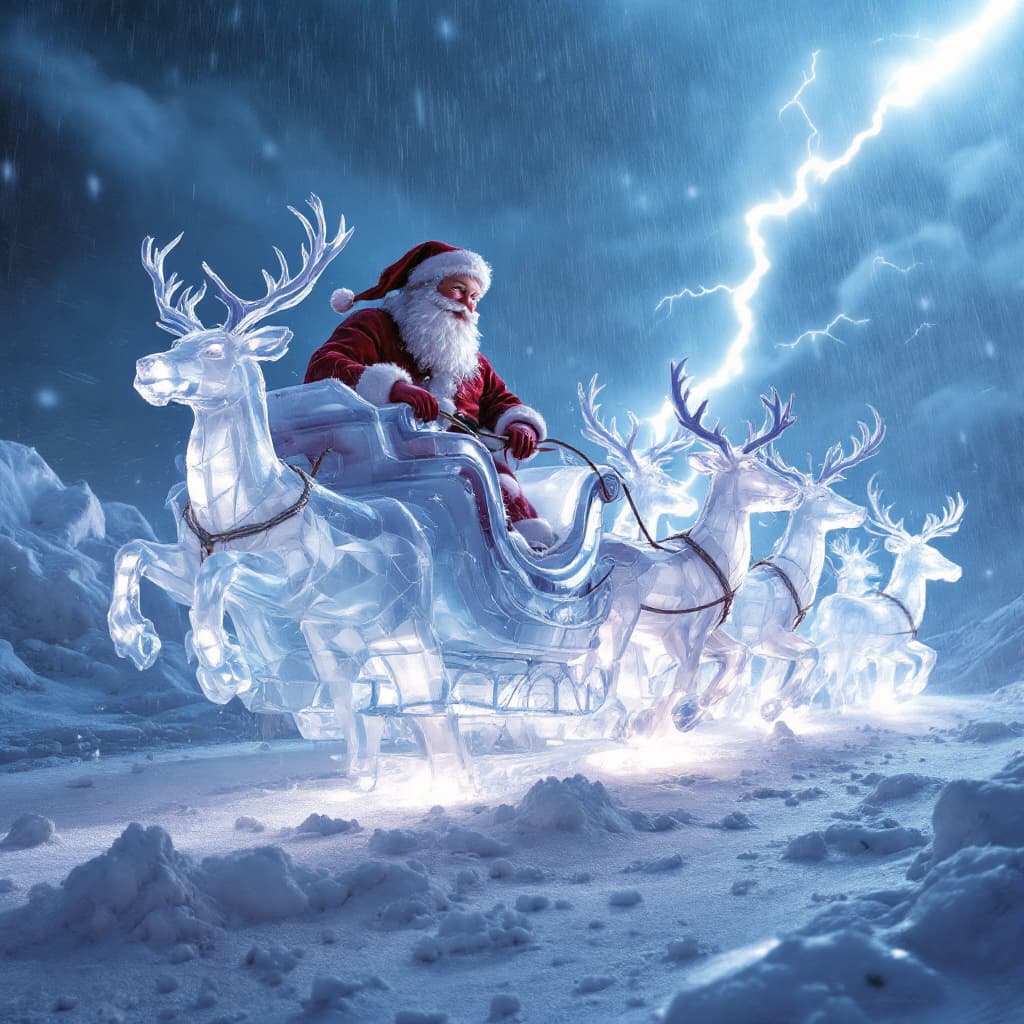 AI generated:  Ice fairytale sculptures of Santa in an ice sleigh pulled by ice deer,  in the sky , caught in stor...