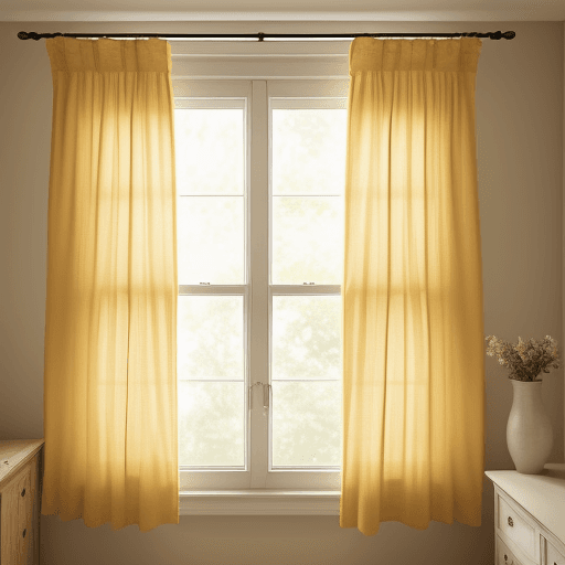 AI generated: A photo of yellow linen curtains in the window, taken with an iPhone camera, showcases the curtain's...