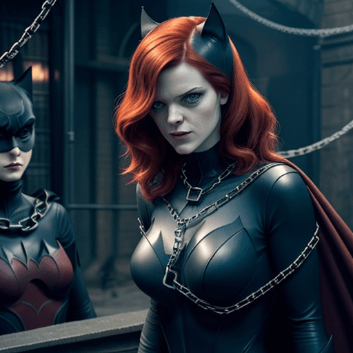 AI generated: Rose Leslie as Batwoman wrapped in dozens of loops of chain as Catwoman looks on.