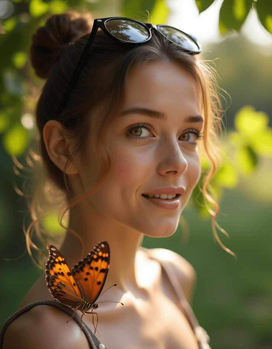 AI generated: photography of a young french woman with a butterfly lying on her shoulder, pale skin, round face, s...