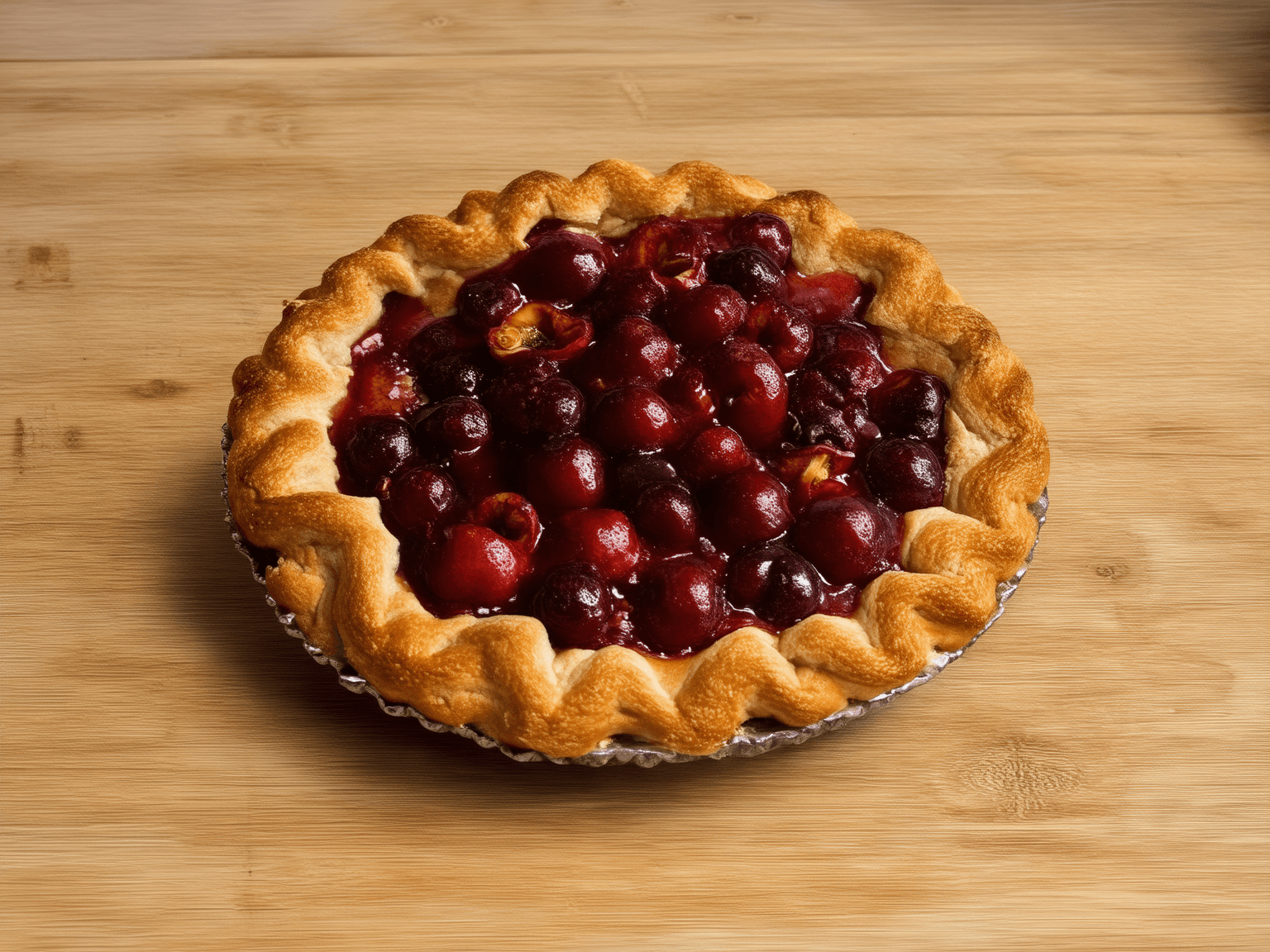 AI generated: A freshly baked cherry pie with whole glazed cherries piled on top, shiny and juicy, golden brown cr...