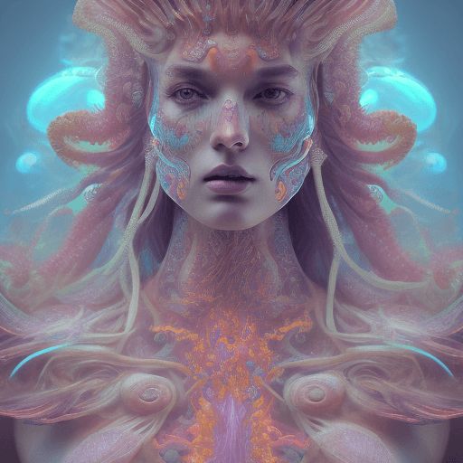 AI generated: Goddess close-up portrait ribcagel. jellyfish phoenix head, nautilus, orchid, skull, betta fish, bio...
