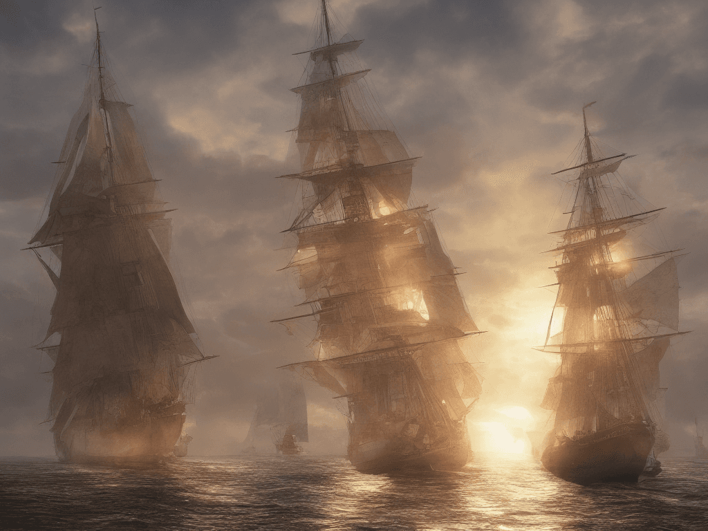 AI generated: Photo of a ultra realistic sailing ship, dramatic light, pale sunrise, cinematic lighting, battered,...