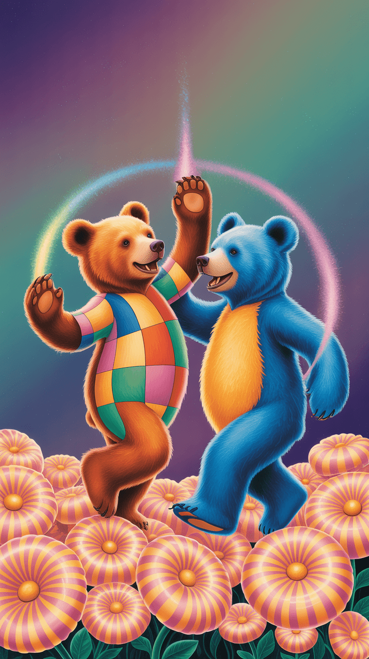 AI generated: abstract Grateful Dead dancing bears surrealism --ar 1:2 --personalize yruxpc2 --stylize 850 --v 6.1