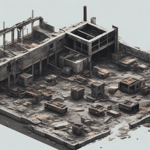 AI generated: isometric ruins of a completely destroyed factory building, many large concrete fragments and tons o...