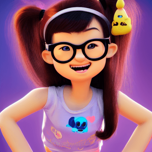 AI generated: cute, adorable, smiling girl candies flying all around her, Pixar, disnet, cinema lighting, gaming, ...