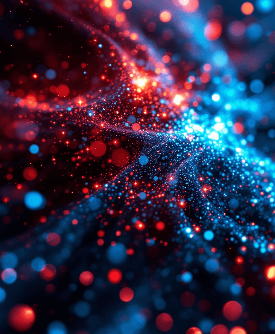 AI generated: Abstract glittering texture with red, blue, and orange sparks. Fantasy fractal design. Digital art. ...