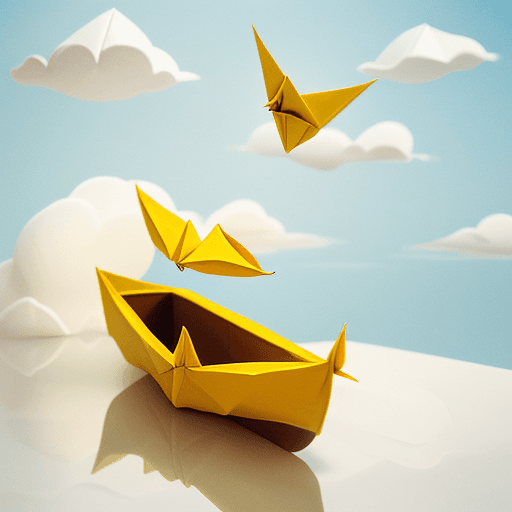 AI generated: a cute yellow traditional origami boat floating on a white cloud 
