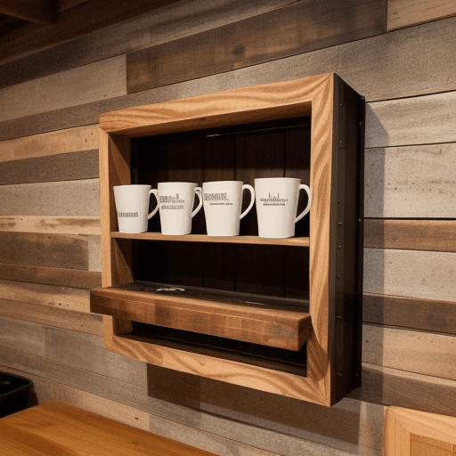 AI generated: Generate an image of a wooden-style cafe serving hatch. The serving hatch is built into a wall, so i...