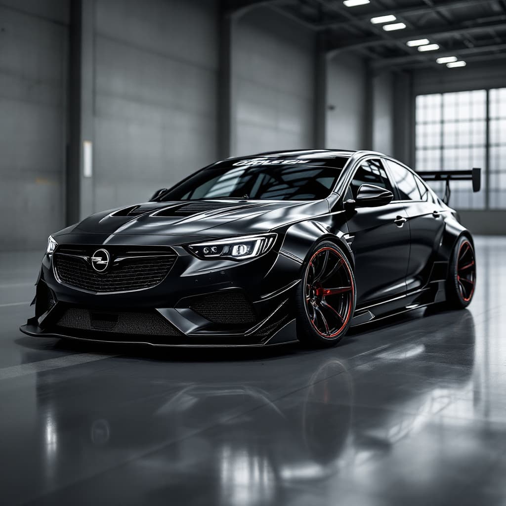 AI generated: Create an Opel Insignia GSi as a racing car. The color of the car is black. I need a very agressive ...