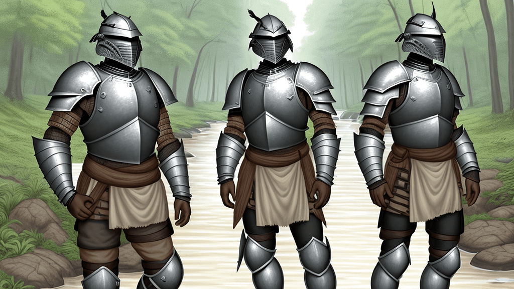 AI generated:  human male Armoured warriors with out helmets  from the forest river 
