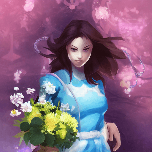 AI generated:  female hero;  style look like game: "bag inside a bag of milk" ; blue flower arrangement; the focus...