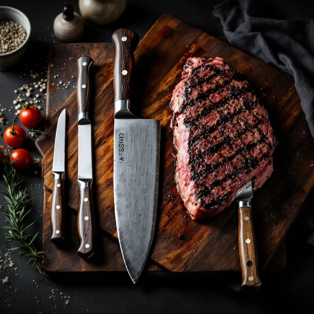 AI generated: Darker photography of different sizes clean steak knives on big wooden cutting board with nicely gri...