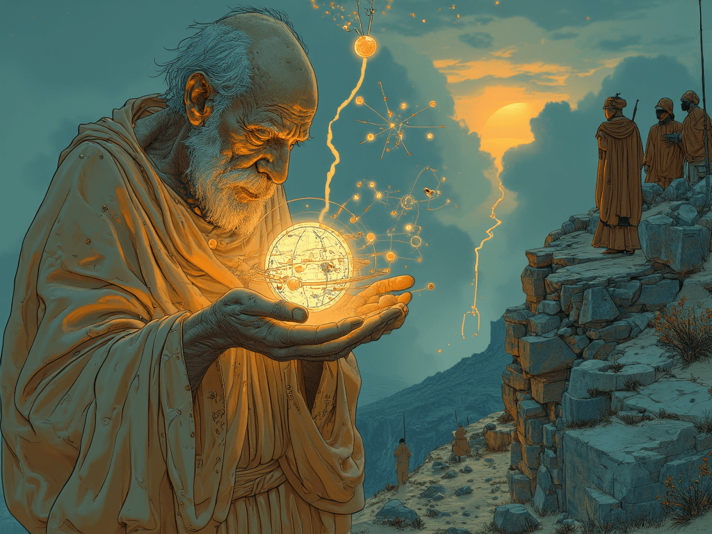 AI generated: Archimedes, an elderly but fiercely powerful figure, stands atop a rugged cliff at twilight, his anc...
