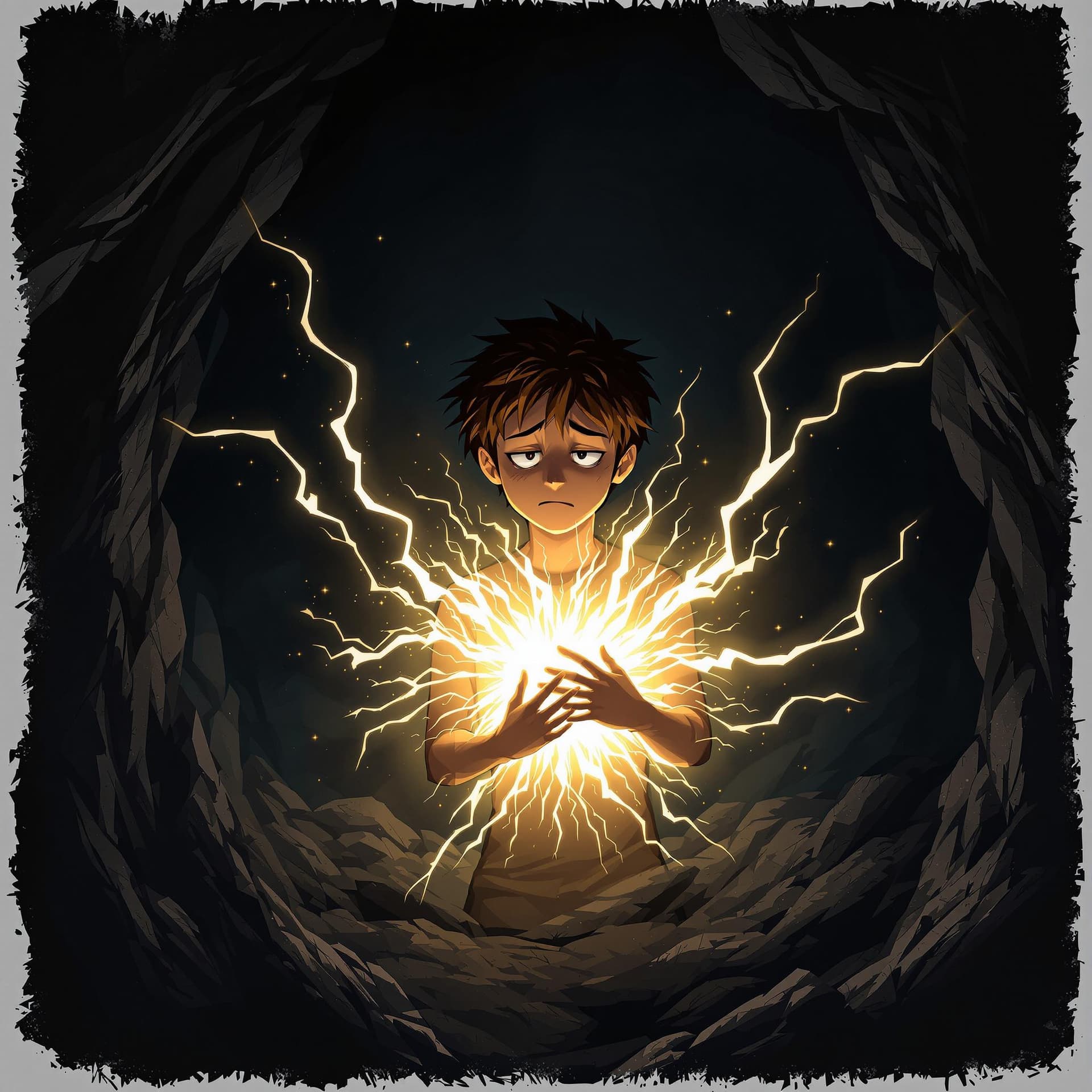 AI generated: Create an emotional and powerful scene in a dark cave where a 12-year-old hero with brown hair stand...