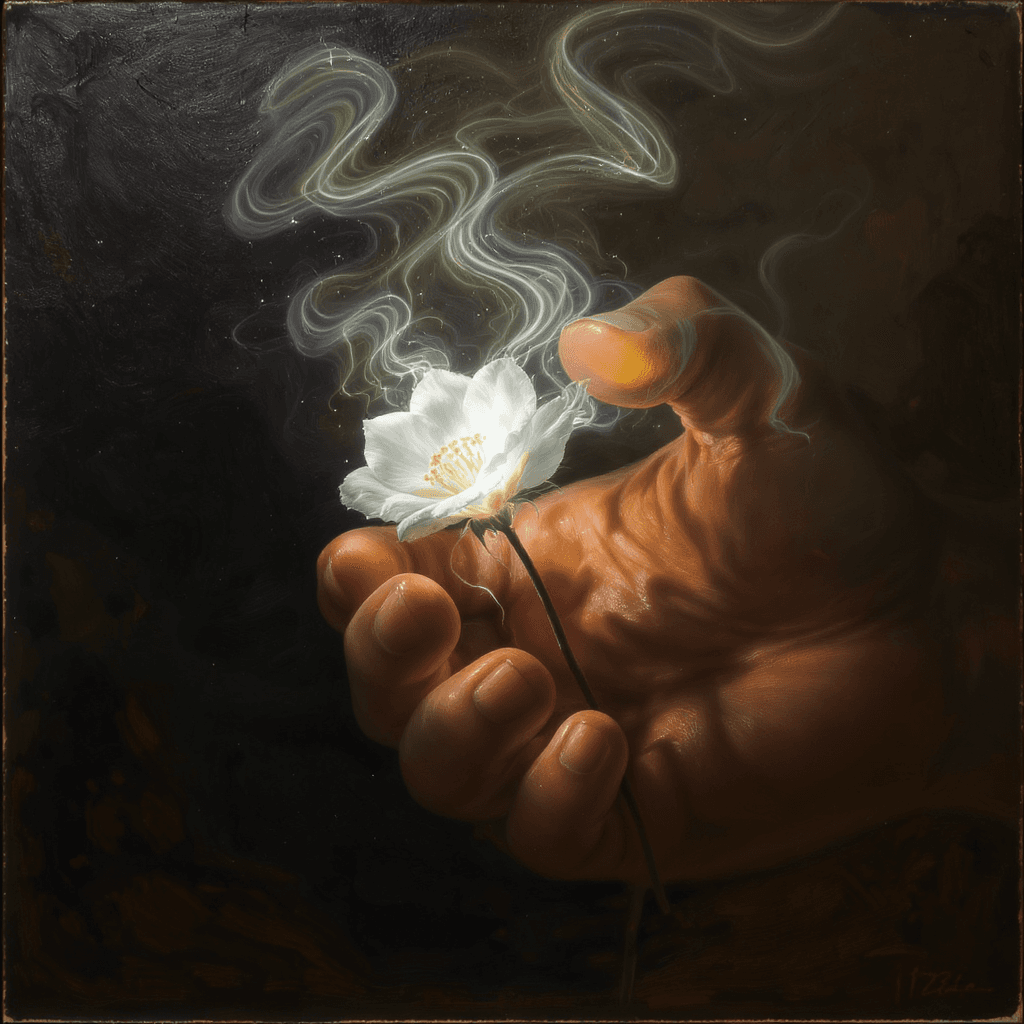 AI generated: A delicate flower being crushed by a strong hand or heavy force, yet its fragrance rises in luminous...