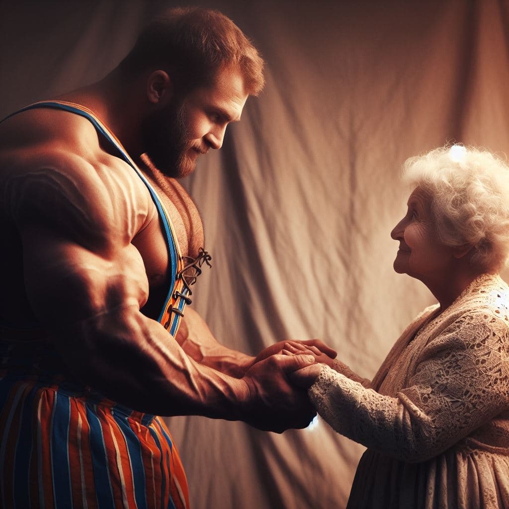 AI generated: A circus strongman, holding hands with his sweet mother, convey the contrast of frailty and strength