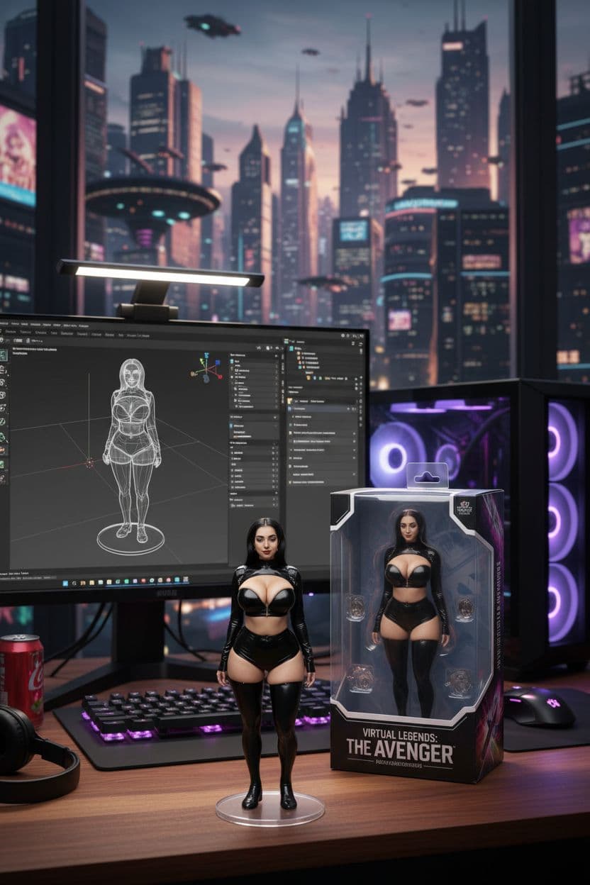 AI generated: Transforming the photographed person into a realistic 3D figurine in front of a computer desk. The c...