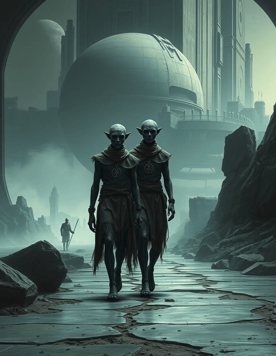 AI generated: /Artprompt Sci-fi, create a dystopian futuristic scene depicting two (strange beings:1.5) resembling...